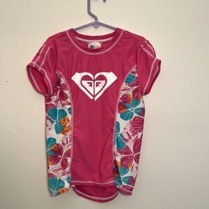 ROXY Girls Tropicool Floral Pink Swim Rashguard Top, Short Sleeve- Size 10